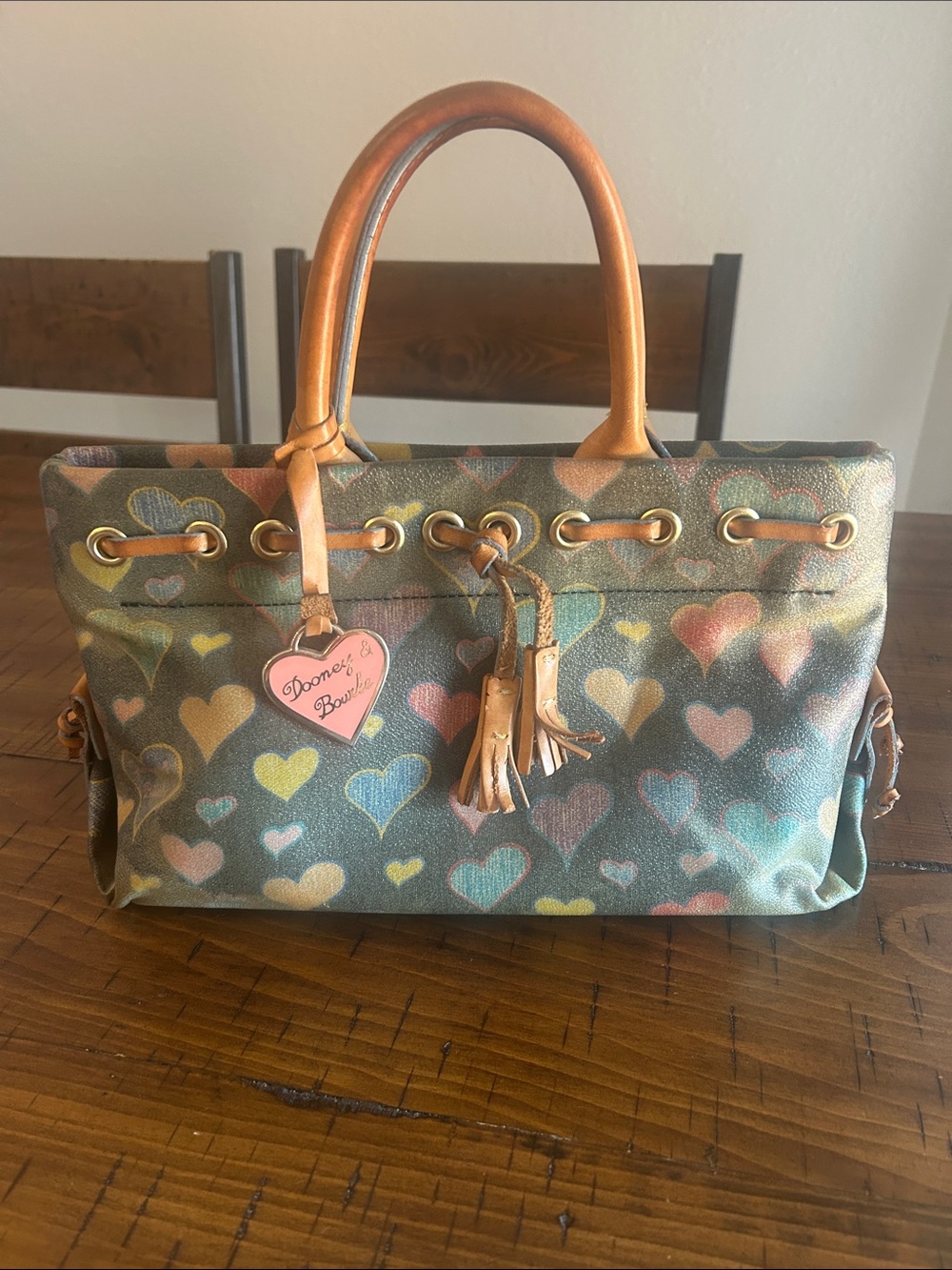 Dooney & Bourke Multicolor Pastel Heart Satchel with Tan Leather Trim